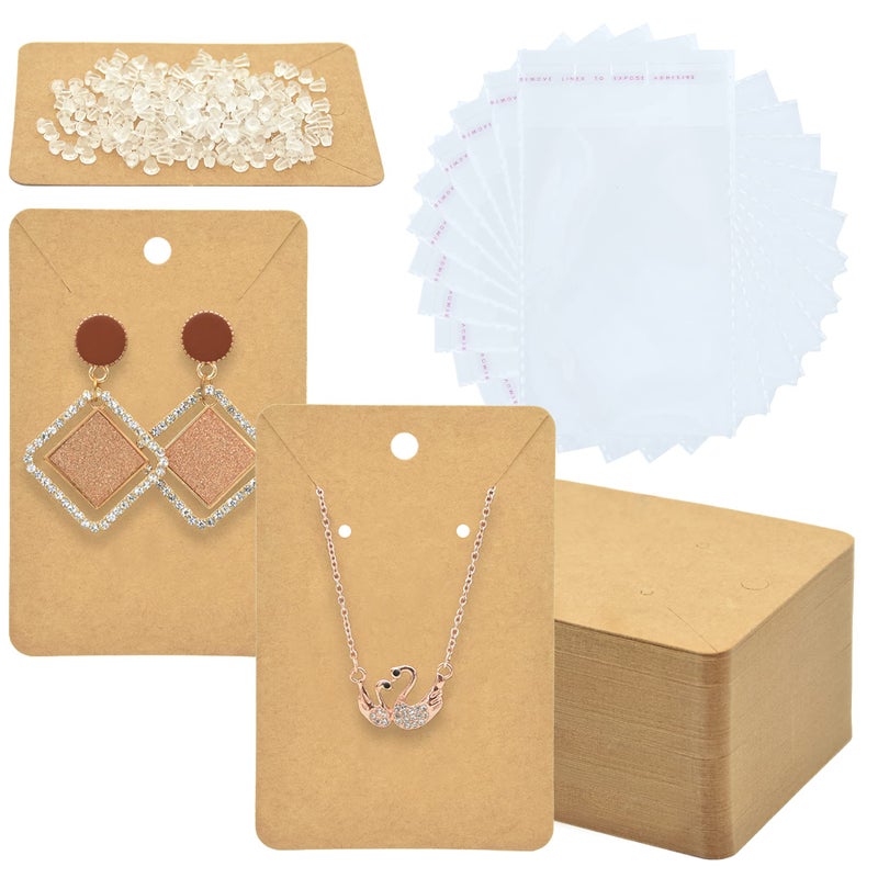 Yuronam 120 Set Earring Holder Cards Necklace Display Cards with 120 Pcs Self Sealing Bags and 240 Pcs Earring Backs for Earring Necklace Display(3.5 x 2.3 Inches  Kraft Color) - Image 1